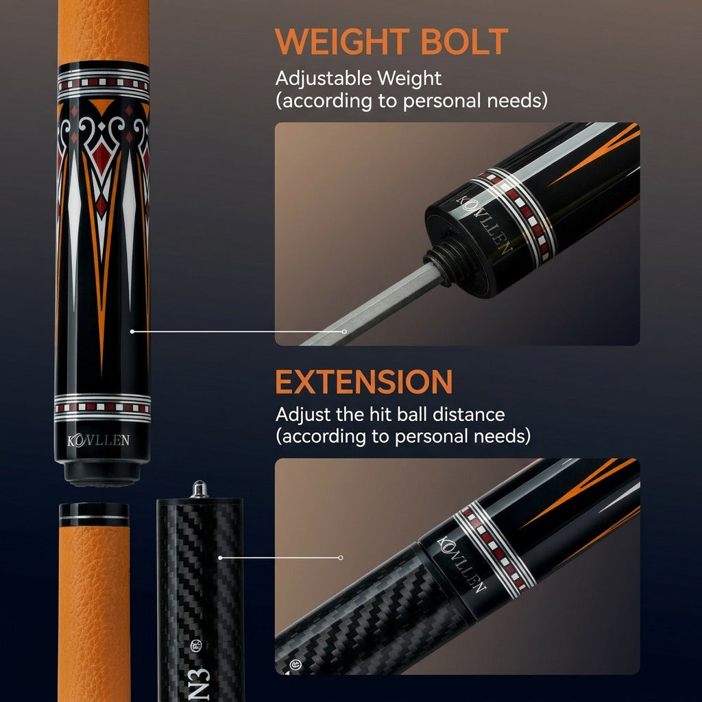 Konllen Kaleidoscope Series – Ember / Lychee-grain Cowhide Grip Pool Cue – AK-15YF - 12.5mm