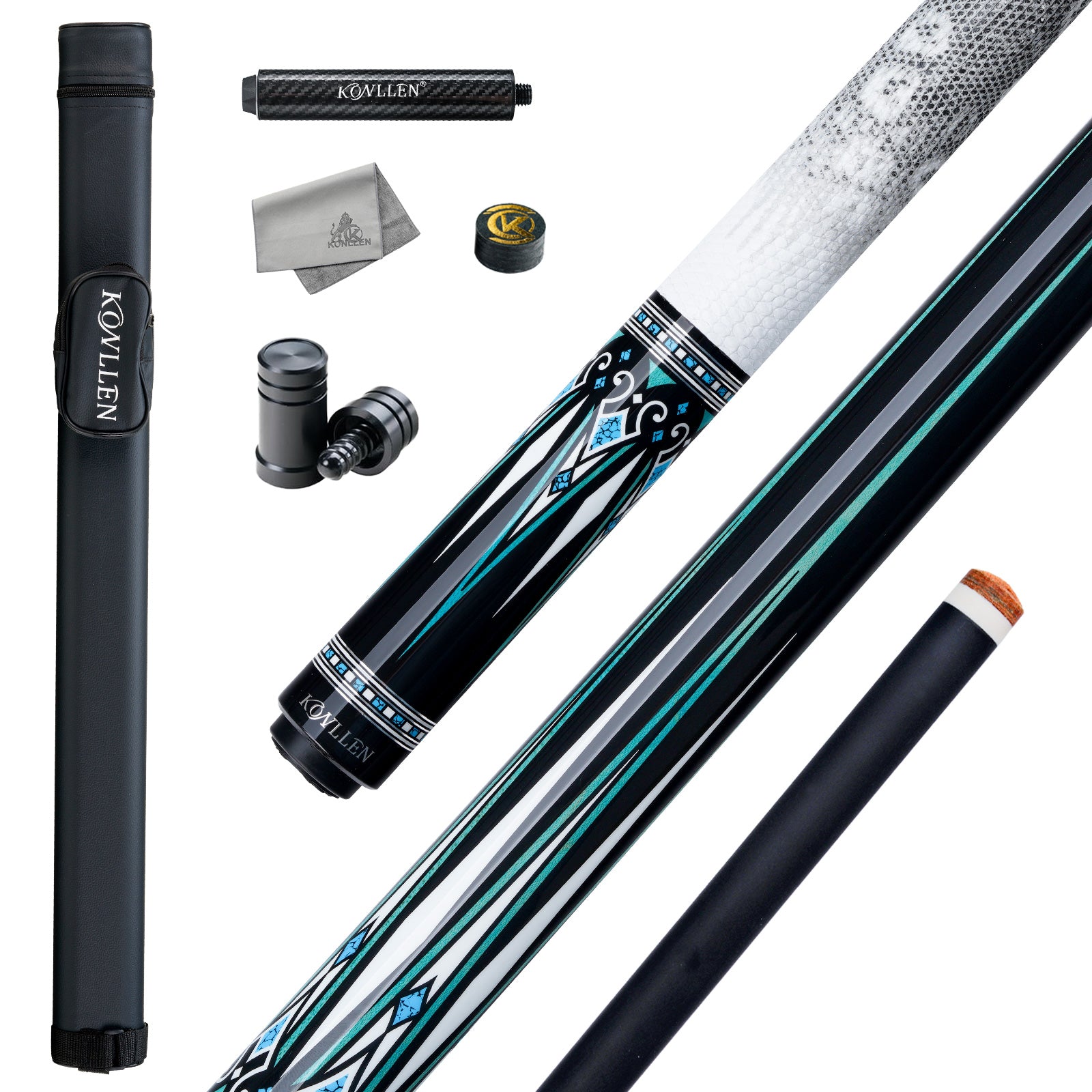 Konllen Kaleidoscope Series – Glacier / Lizard-grain Cowhide Grip Pool Cue – AK-15WF