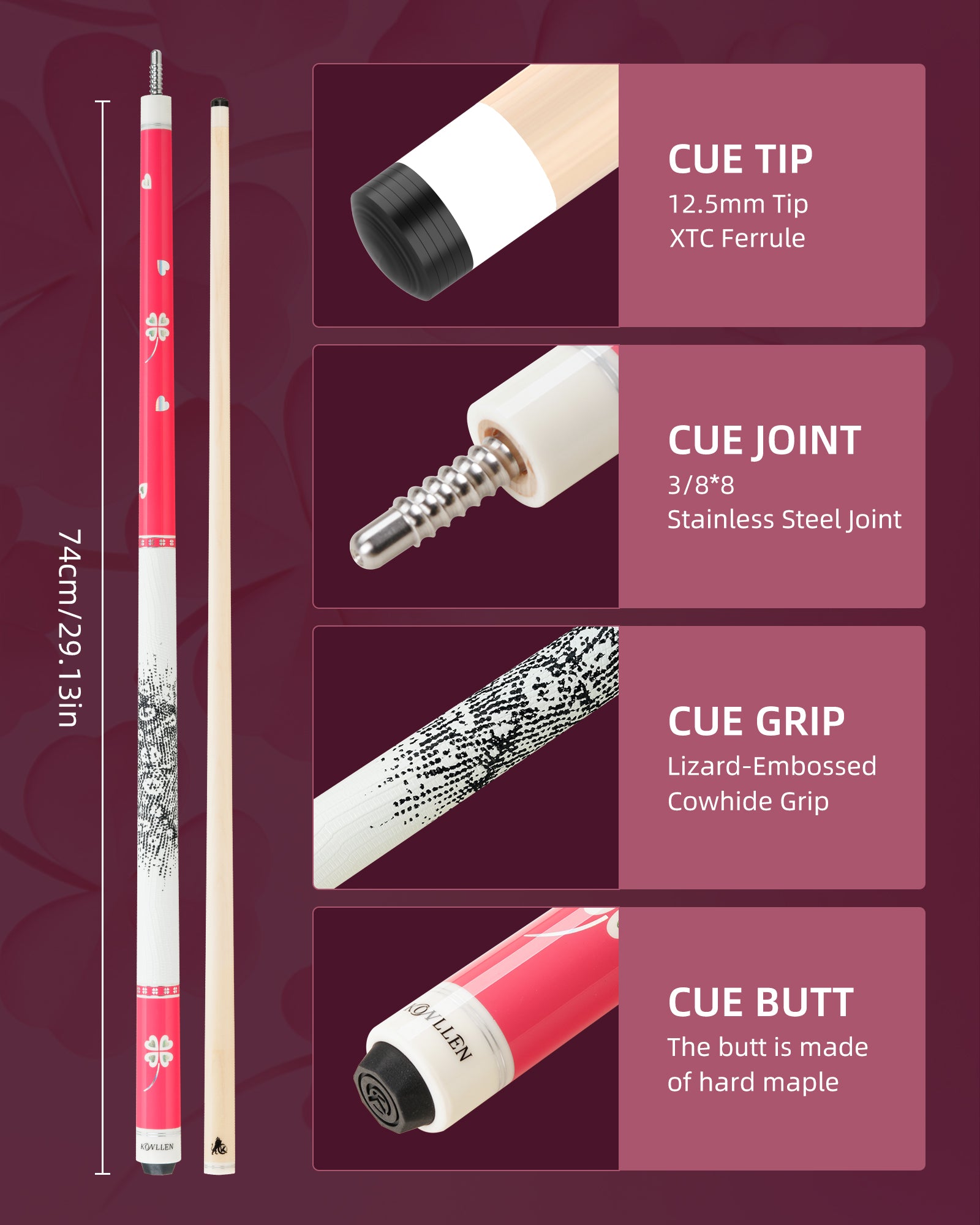 Konllen Blossom Series – Clover / Lizard-grain Cowhide Grip Pool Cue – AK-P2