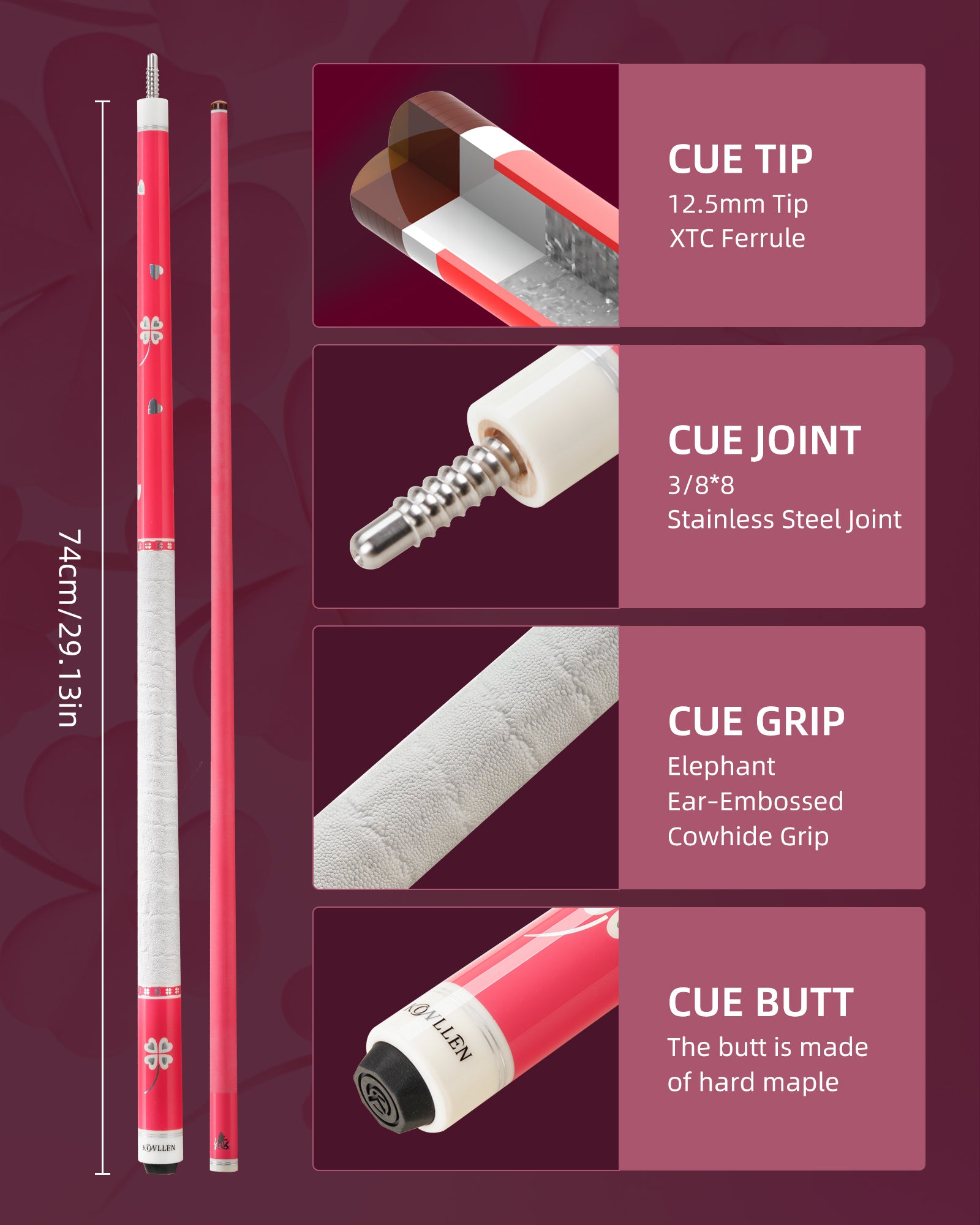 Konllen Blossom Series – Clover / Elephant Ear Pattern Cowhide Grip Pool Cue – AK-P3W