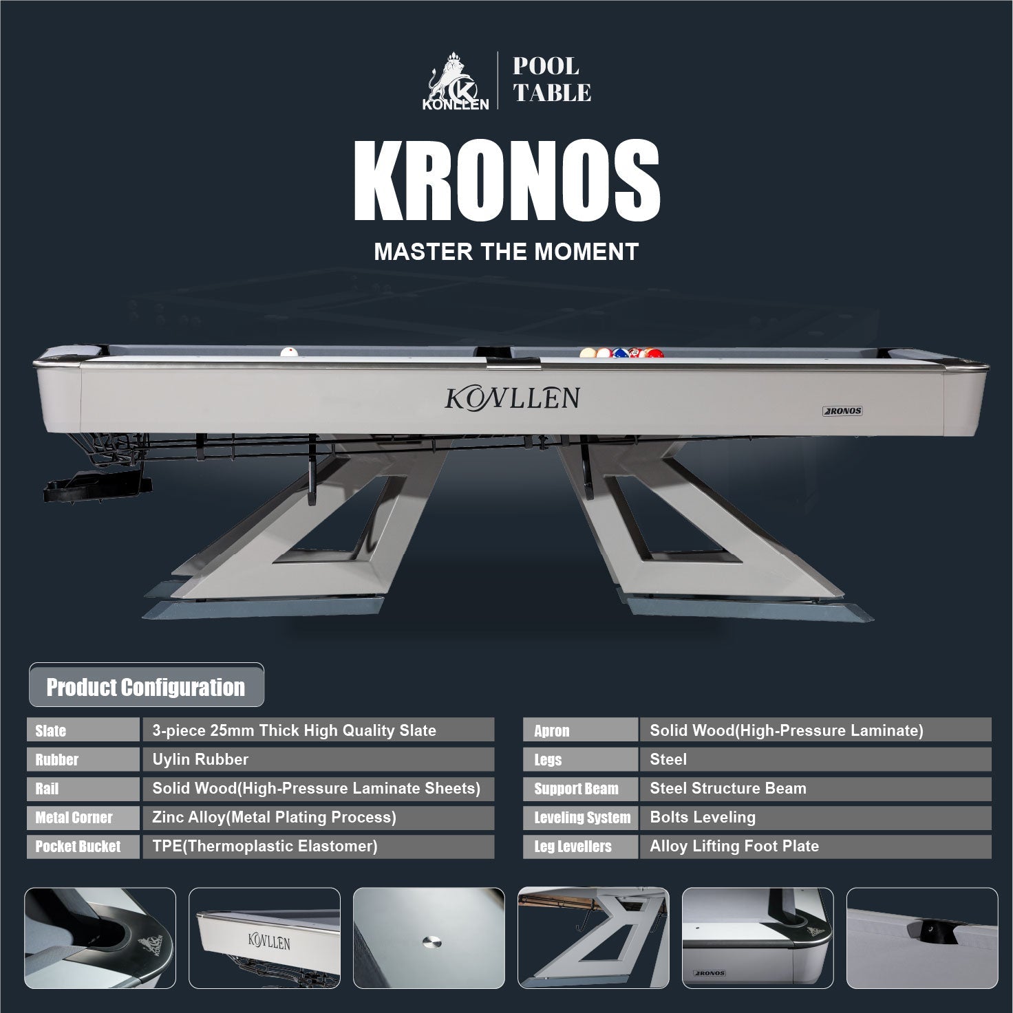 KONLLEN KRONOS 9ft Billiard Pool Table, Professional Slate Bed Billiard Table for Competition & Club Use