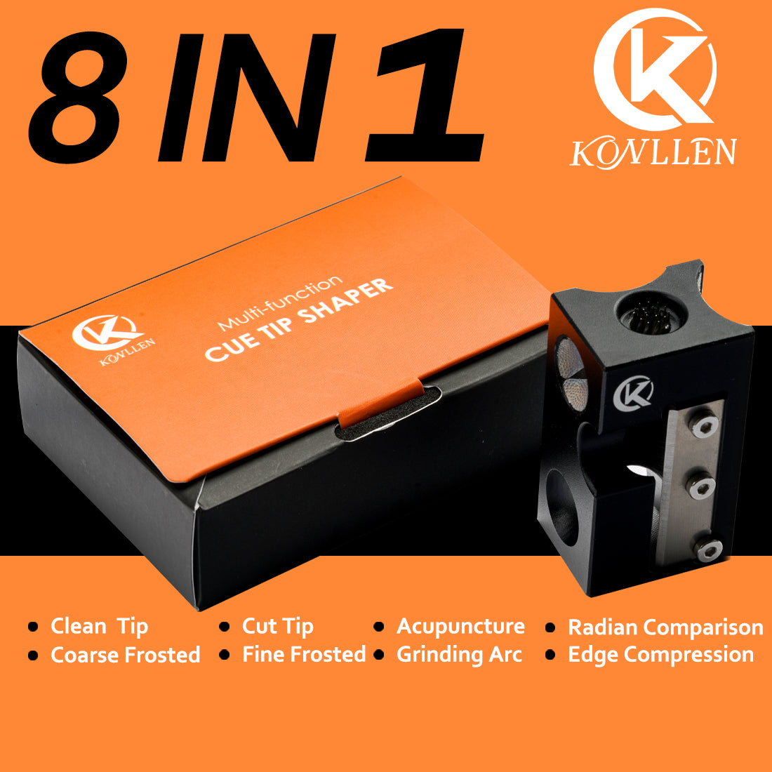 KONLLEN 8 in 1 Billiards Pool Cue Tip Repair Tool - Trimmer/Burnisher/Shaper/Tapper