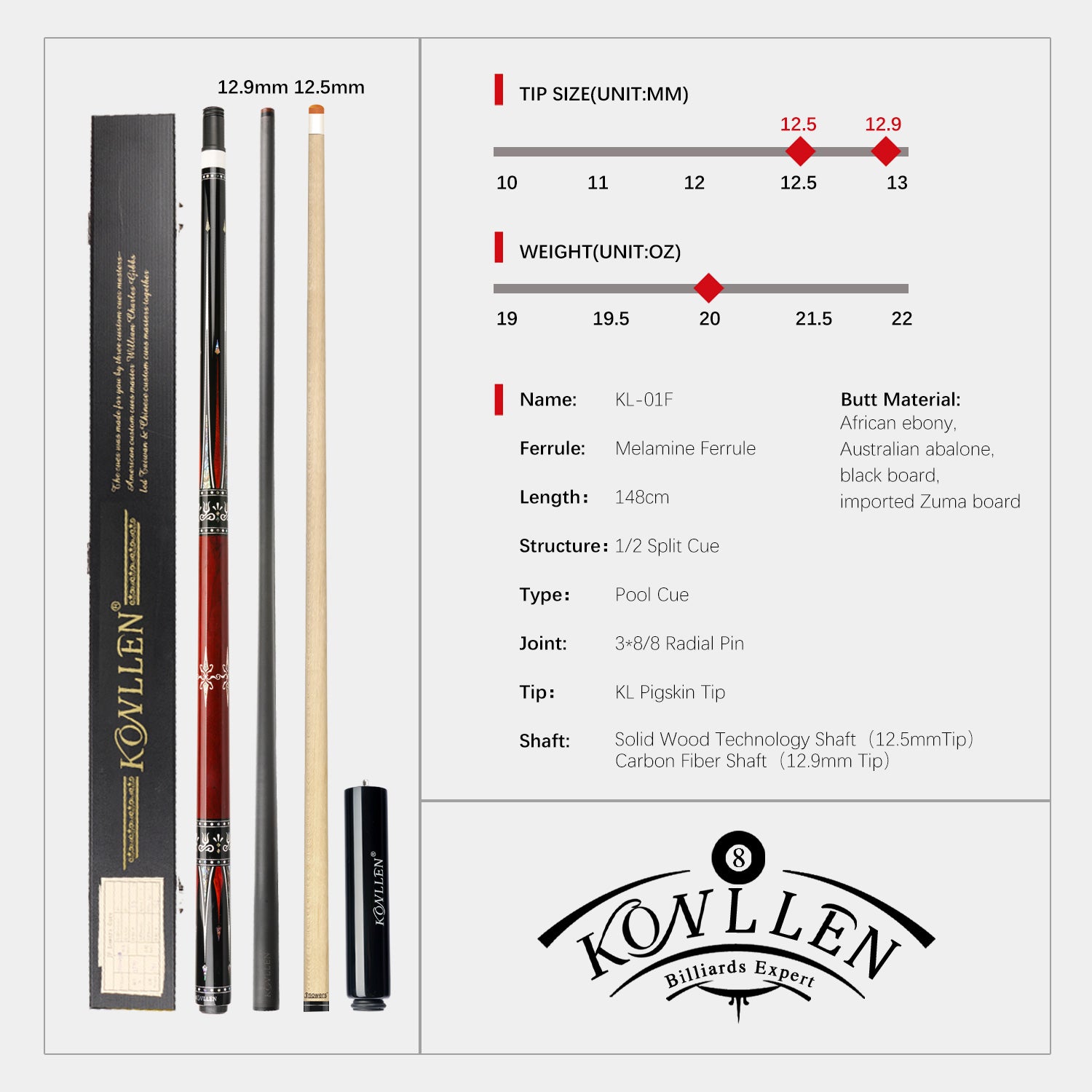 KONLLEN AK-01RF - Handmade Inlay -Carbon Shaft + Carbon Tube Inside Maple Shaft