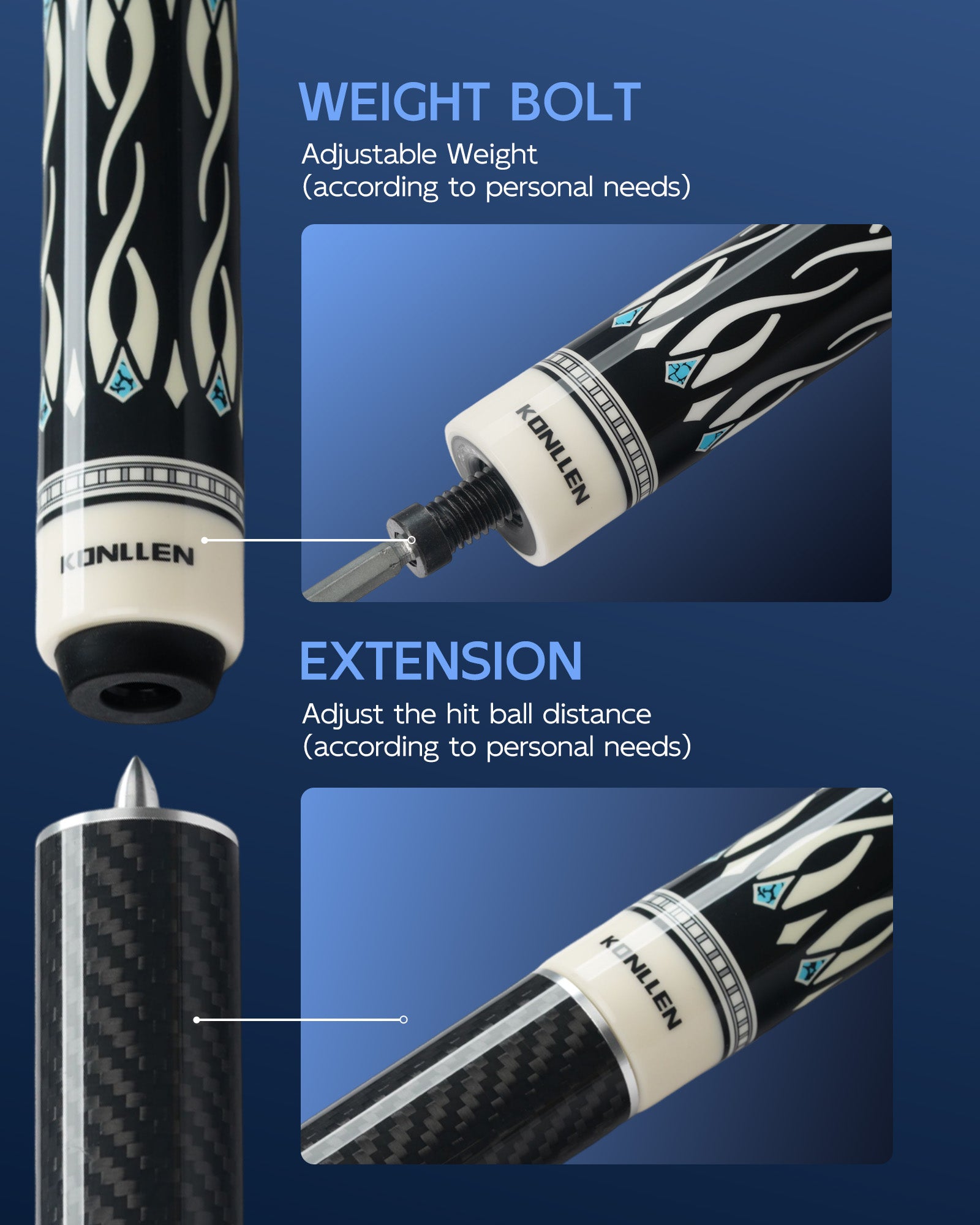 Konllen Snow Leopard Series 1 Pool Cue – AK-D1 - 10.5mm / 11.5mm /12.2mm