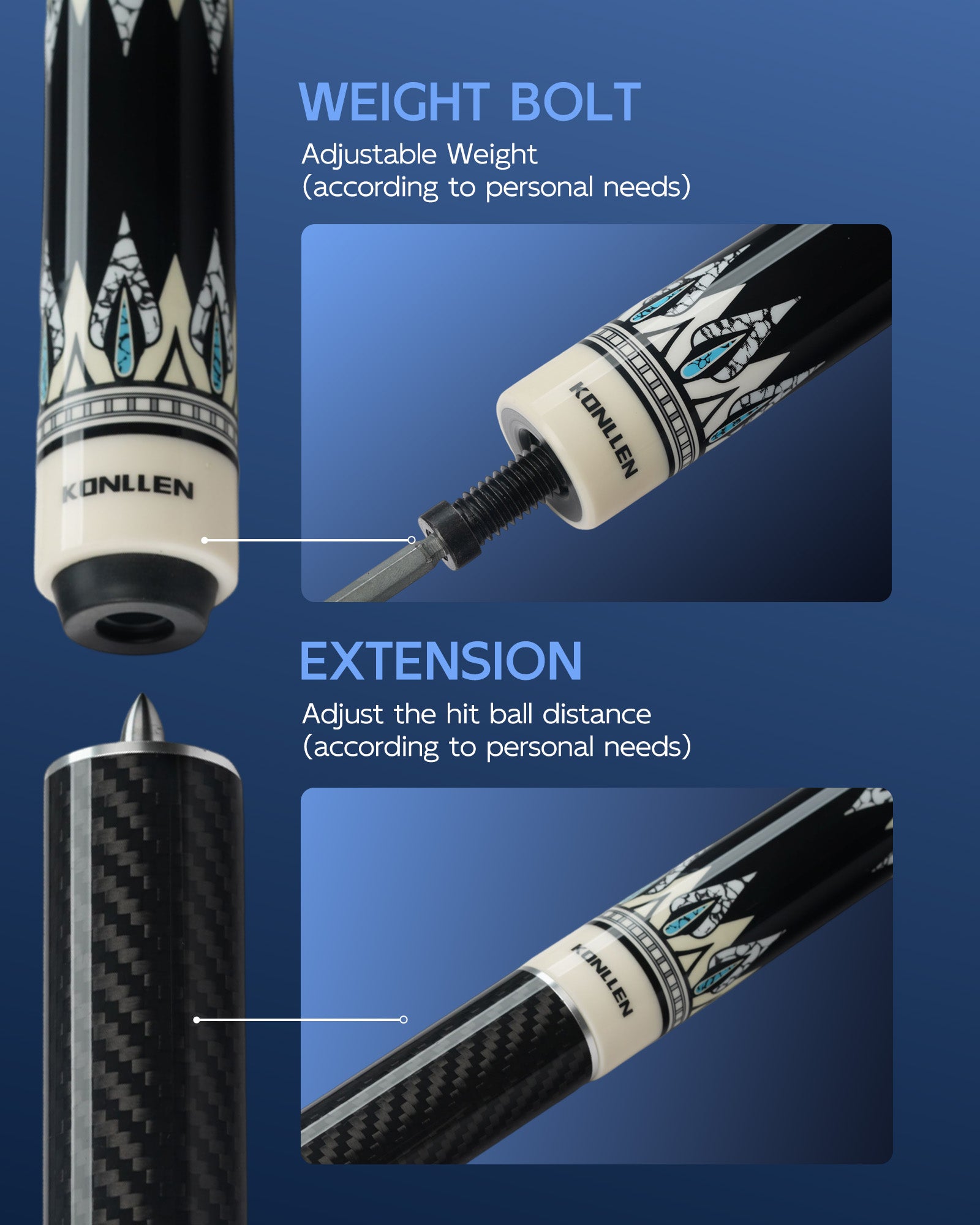 Konllen Snow Leopard Series 2 Pool Cue – AK-D2 - 10.5mm / 11.5mm /12.2mm