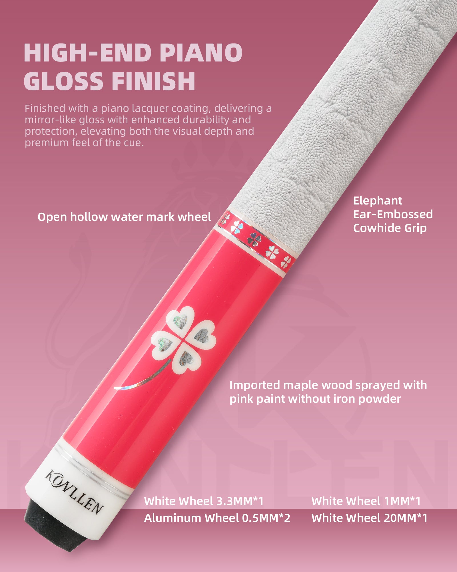 Konllen Blossom Series – Clover / Elephant Ear Pattern Cowhide Grip Pool Cue – AK-P3W